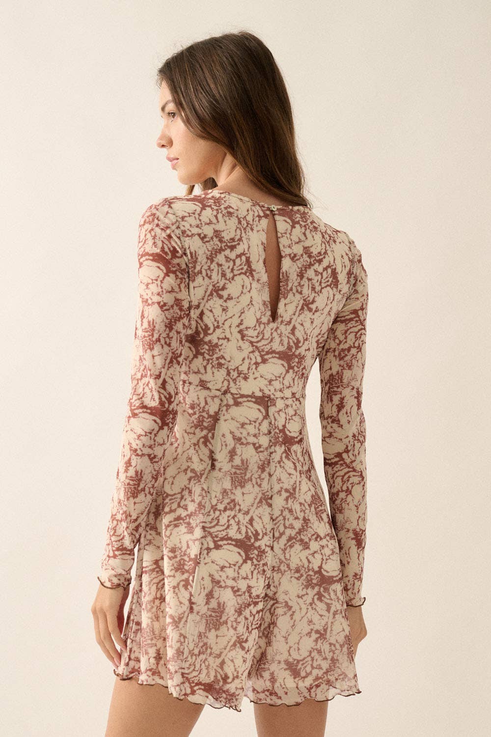 Floral Mesh High-Waist Wide-Leg Long-Sleeve Romper