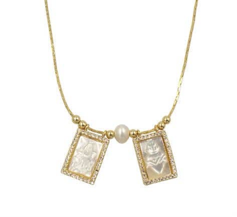 Mother of Pearl Scapular Necklace with White Zirconia, Beads, and Pearl 18-inch