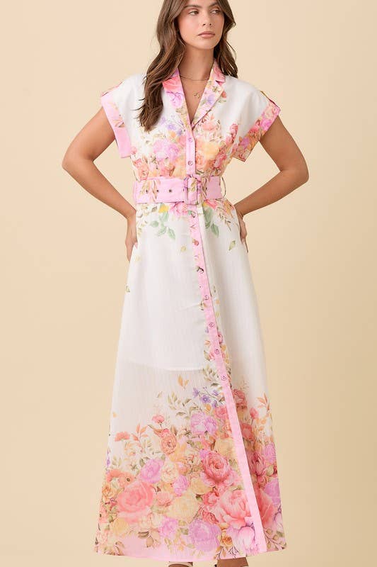 Floral Print Lapel Collar Button Down Maxi Dress