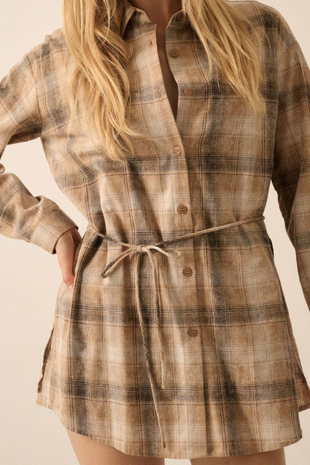 Flannel Plaid Belted Button-Up Shirt Romper