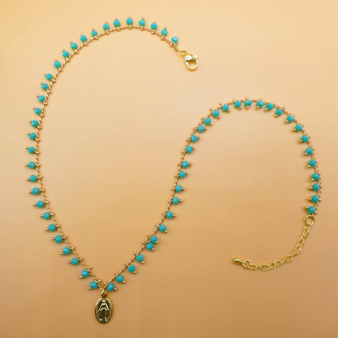 Gold-Plated Miraculous Medal Turquoise Beaded Necklace 18-inch