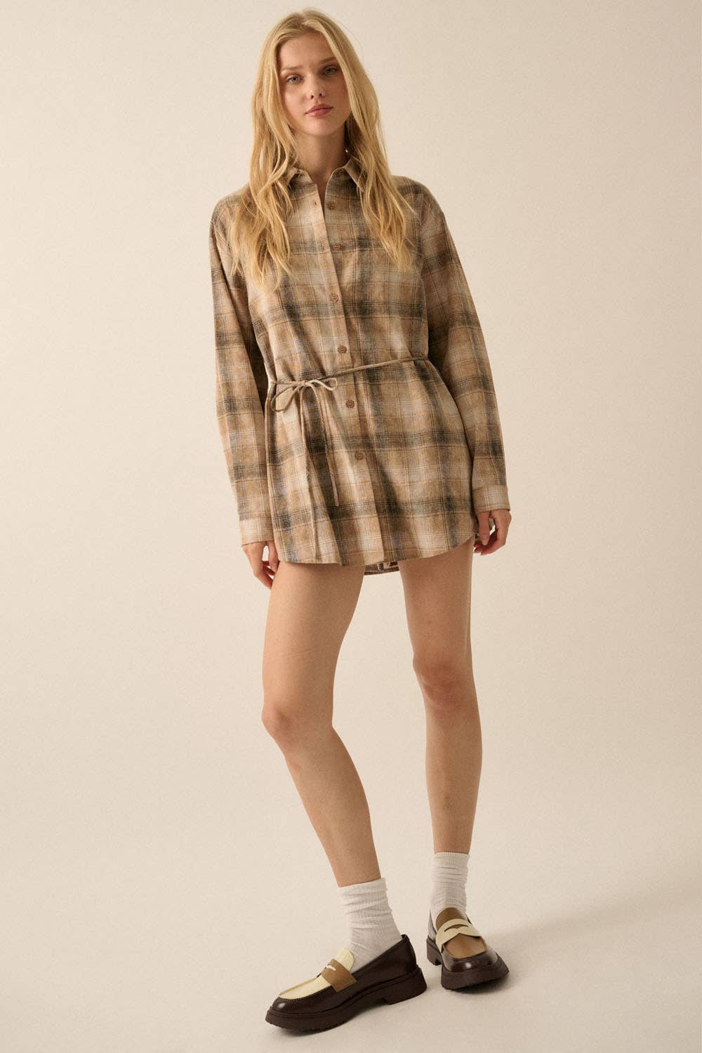 Flannel Plaid Belted Button-Up Shirt Romper
