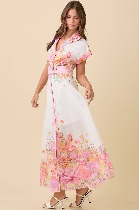 Floral Print Lapel Collar Button Down Maxi Dress