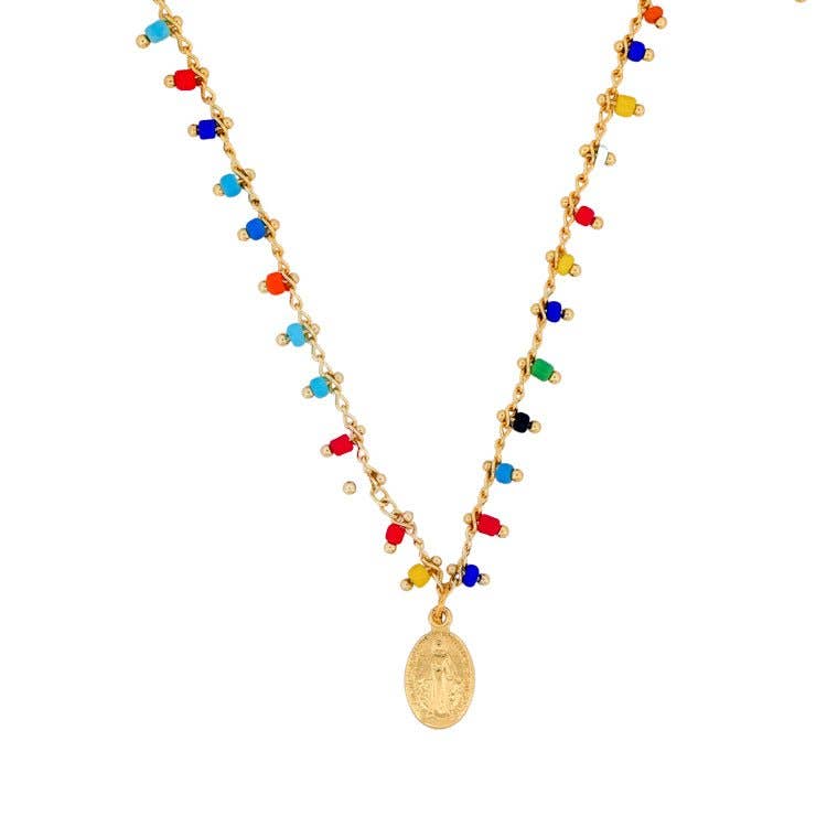 Gold-Plated Miraculous Medal Multicolor Beaded Necklace 18-inch