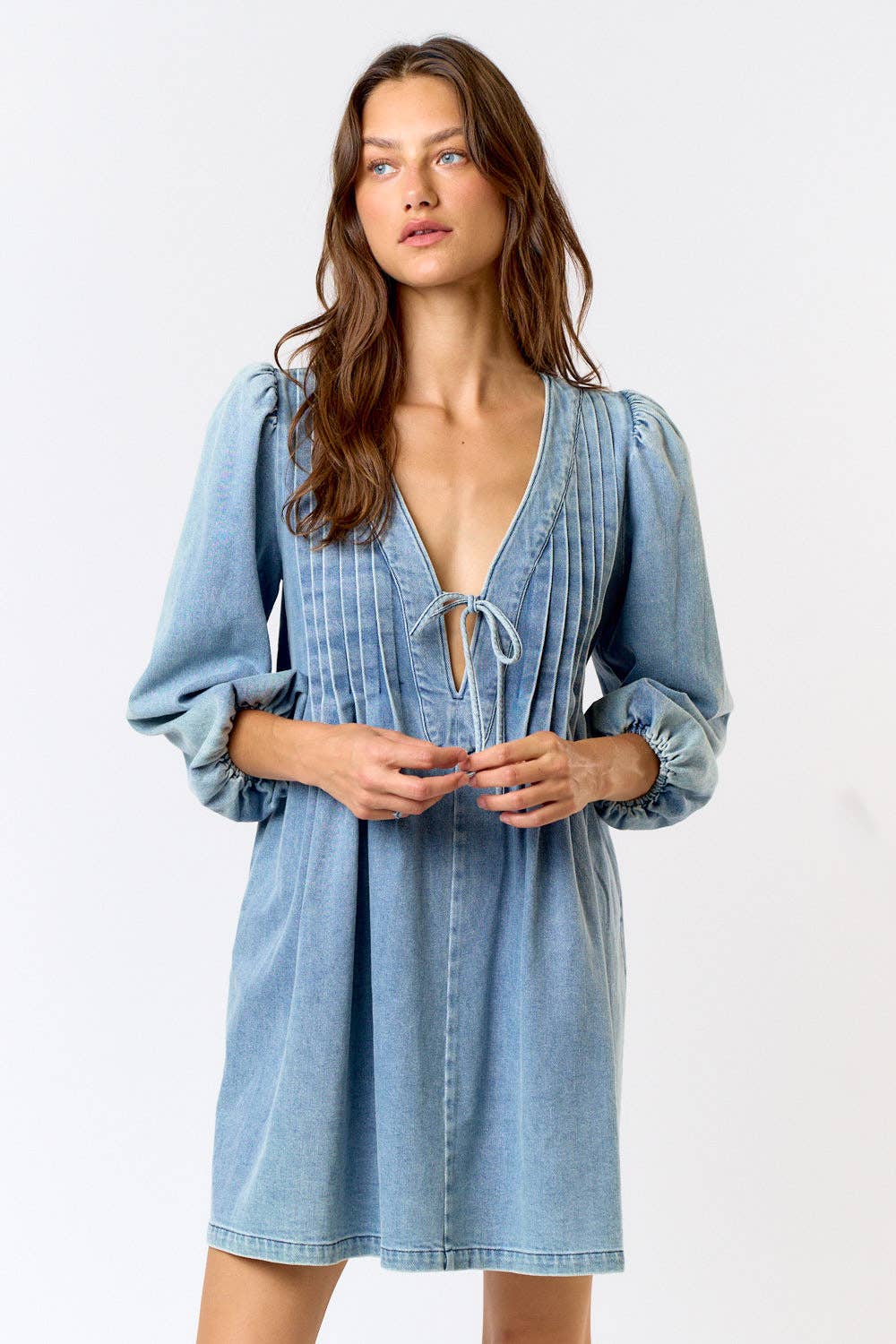 LONG SLEEVE TIE FRONT DENIM MINI DRESS