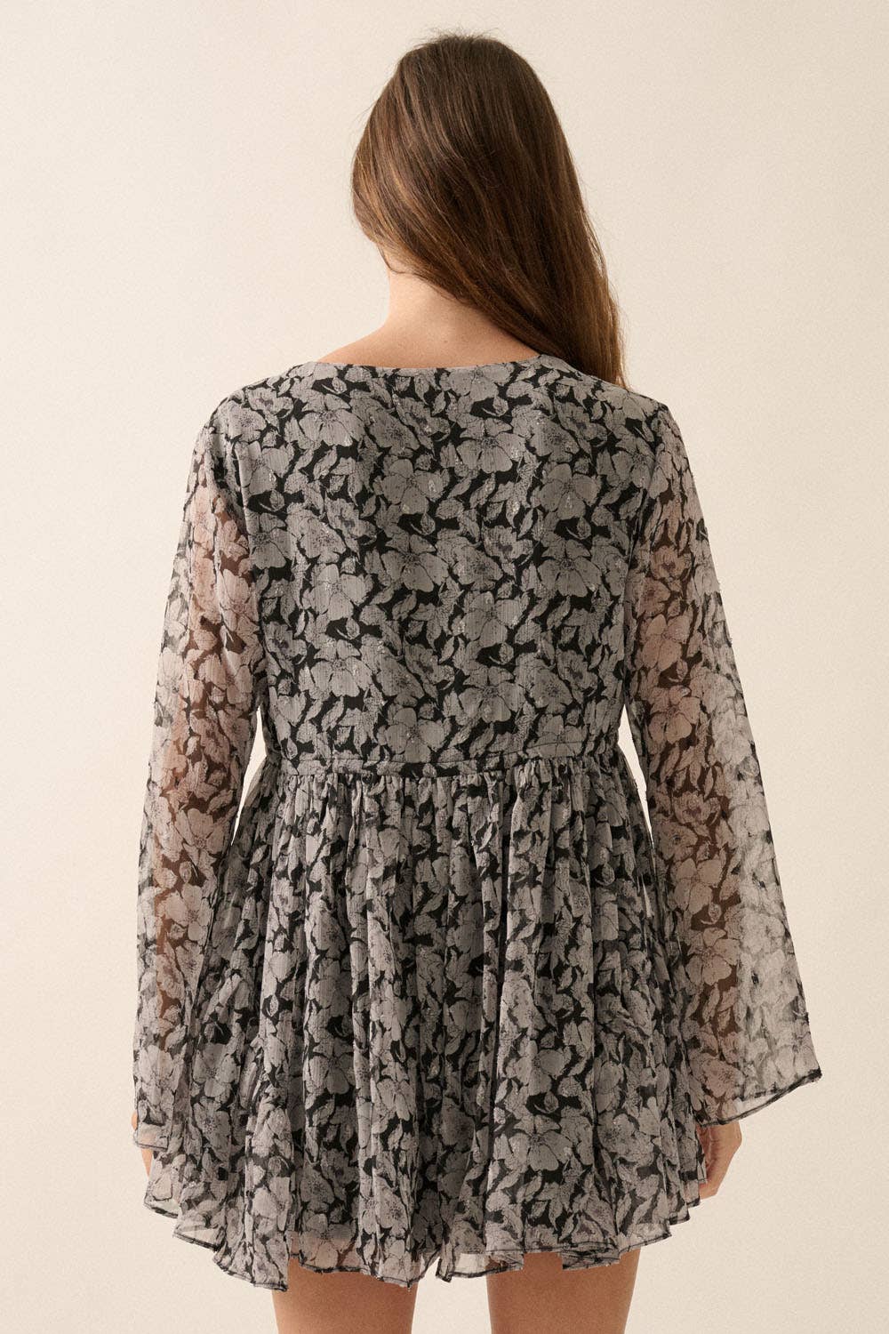 Floral Chiffon Bell-Sleeve V-Neck Blue Skort Romper