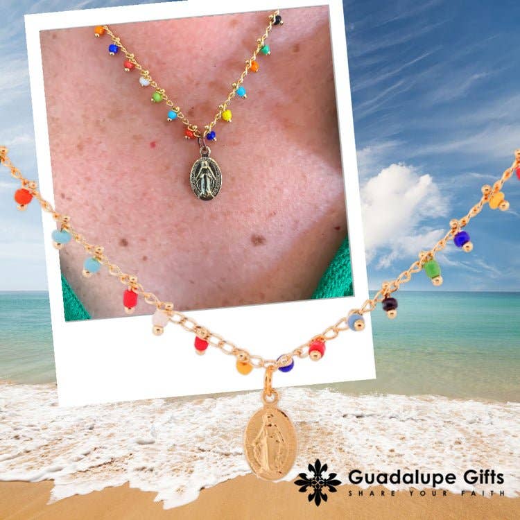 Gold-Plated Miraculous Medal Multicolor Beaded Necklace 18-inch