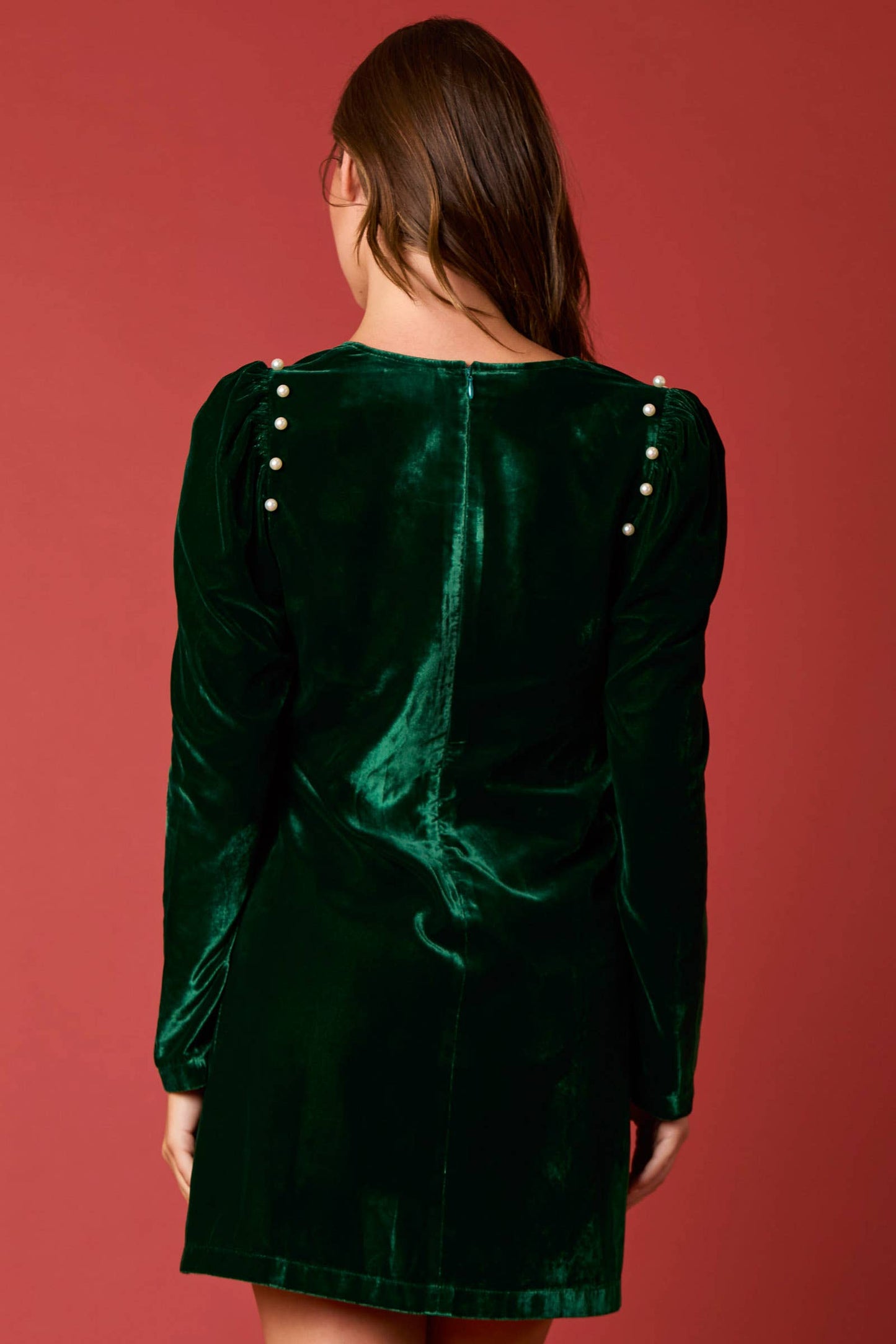 Pearl Embellished V-Neck Long Sleeve Dress