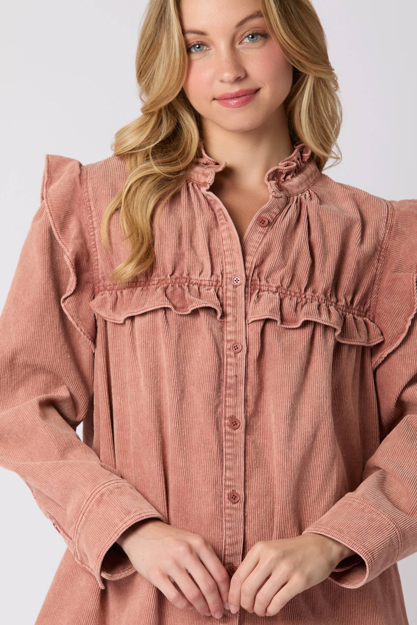 Mineral Washed Corduroy Ruffle Detail Dress