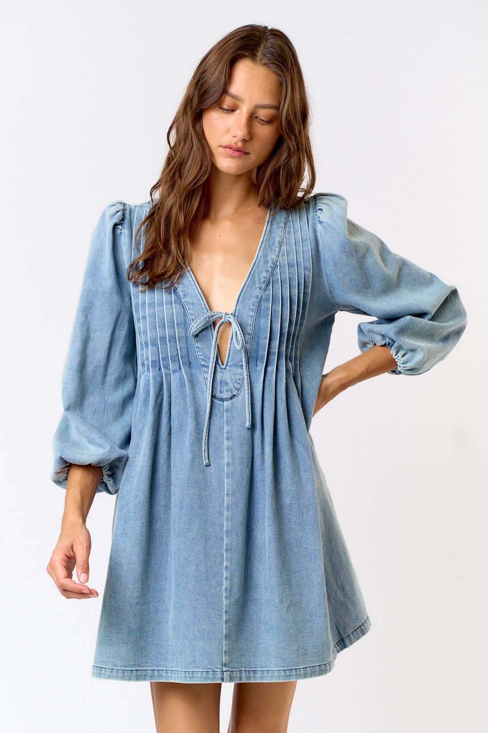 LONG SLEEVE TIE FRONT DENIM MINI DRESS