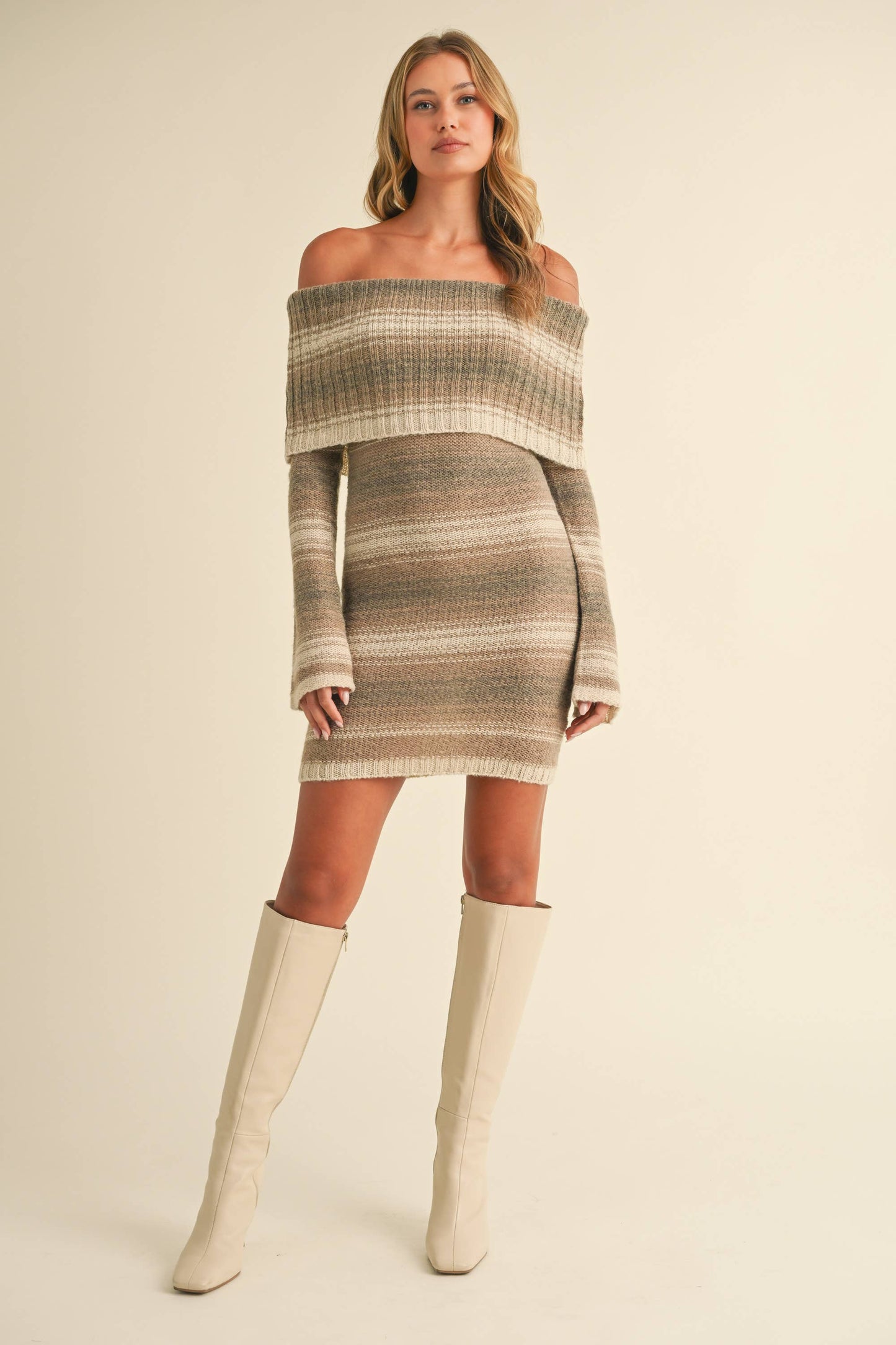 ID8202 GRADIENT OFF SHOULDER SWEATER MINI DRESS