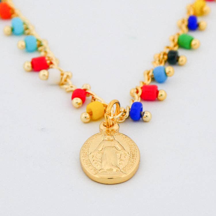 Gold-Plated Miraculous Medal Multicolor Beaded Necklace 18-inch