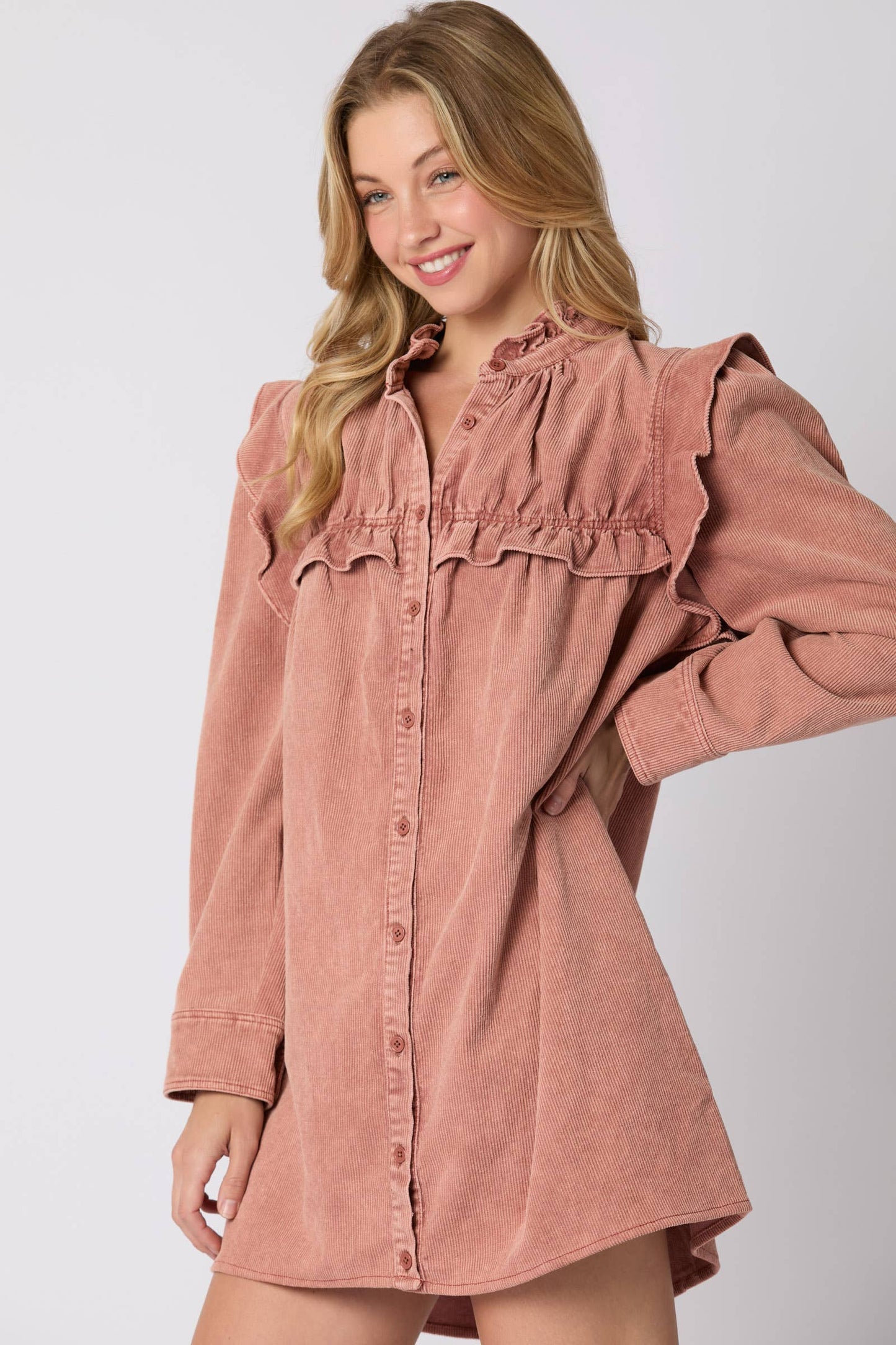 Mineral Washed Corduroy Ruffle Detail Dress