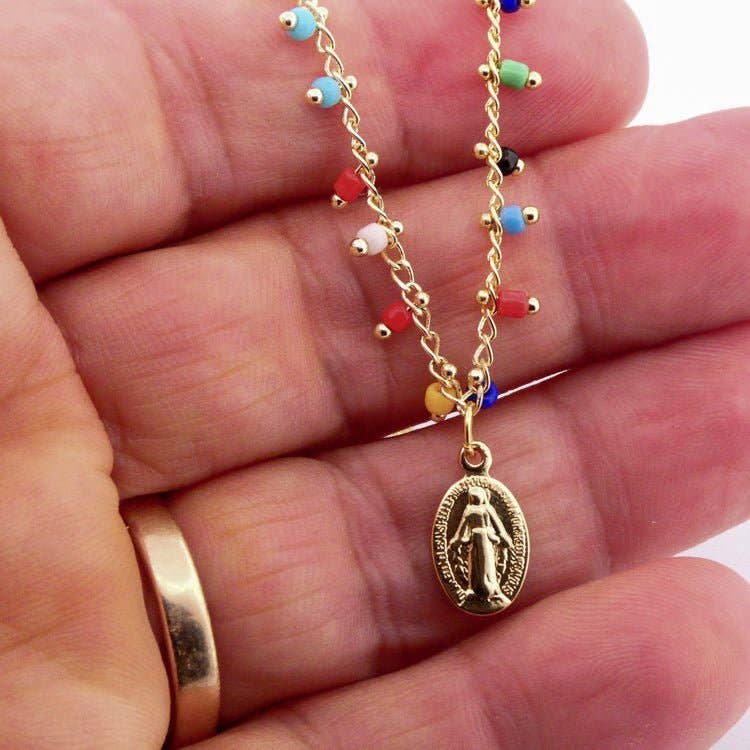 Gold-Plated Miraculous Medal Multicolor Beaded Necklace 18-inch