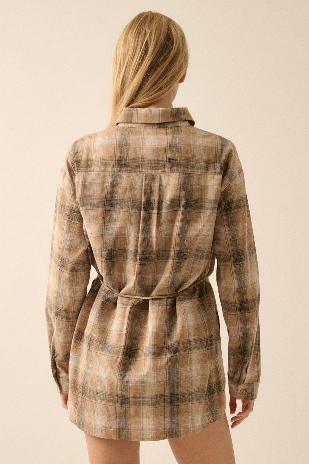 Flannel Plaid Belted Button-Up Shirt Romper