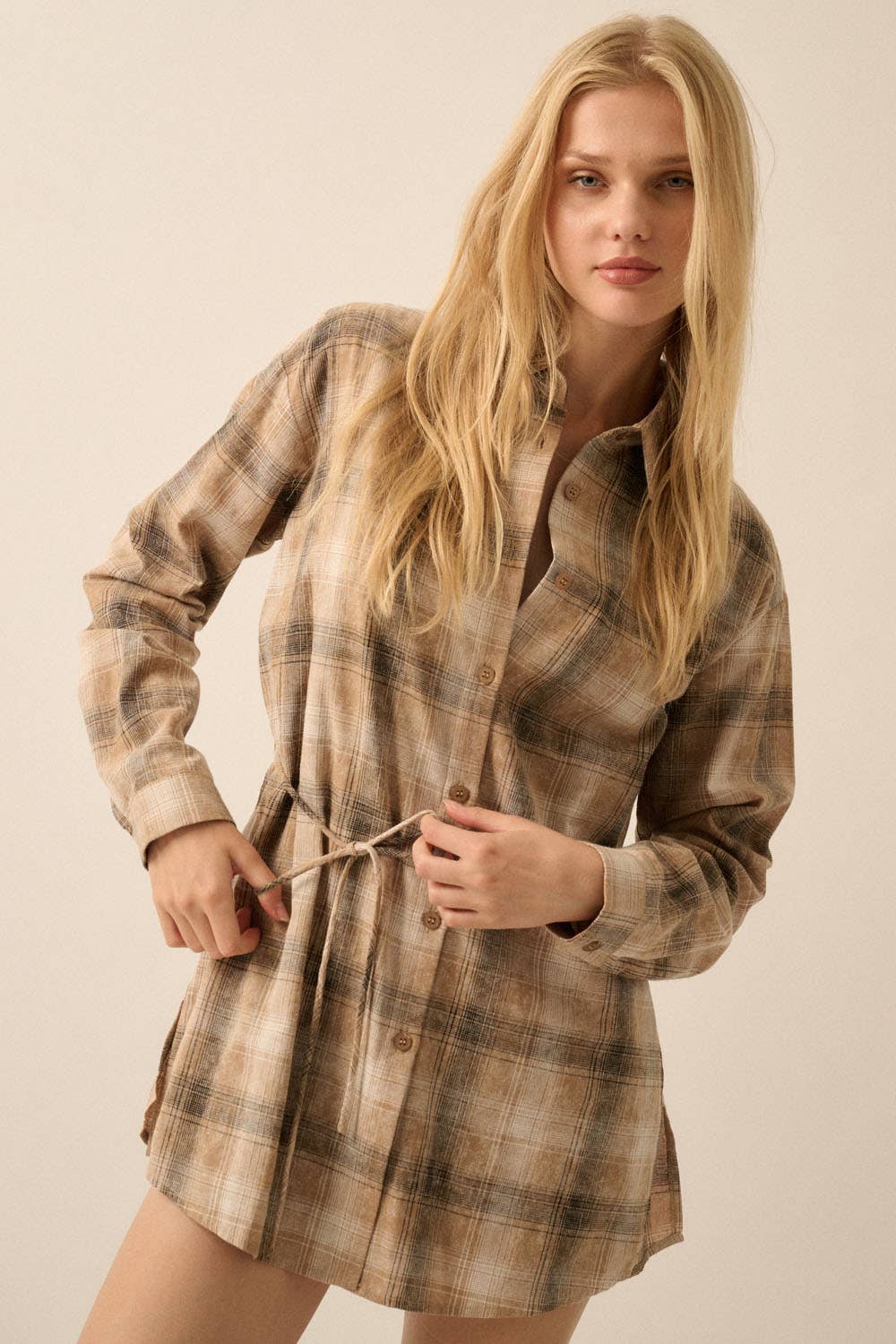 Flannel Plaid Belted Button-Up Shirt Romper
