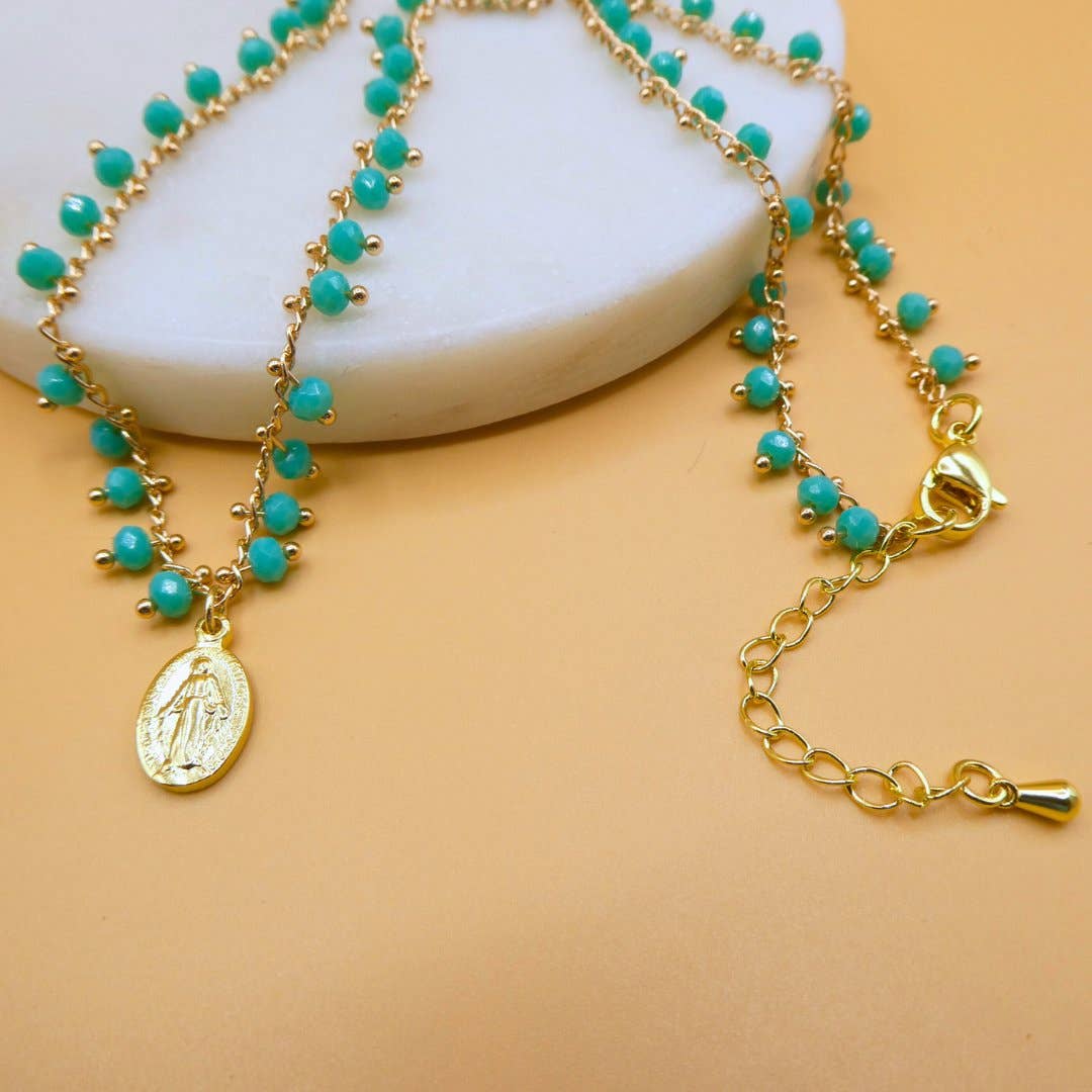 Gold-Plated Miraculous Medal Turquoise Beaded Necklace 18-inch