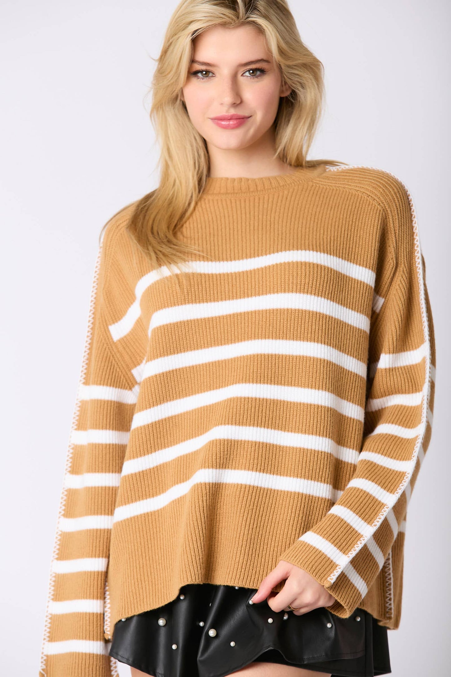 Stitch Detail Stripe Raglan Slv Sweater
