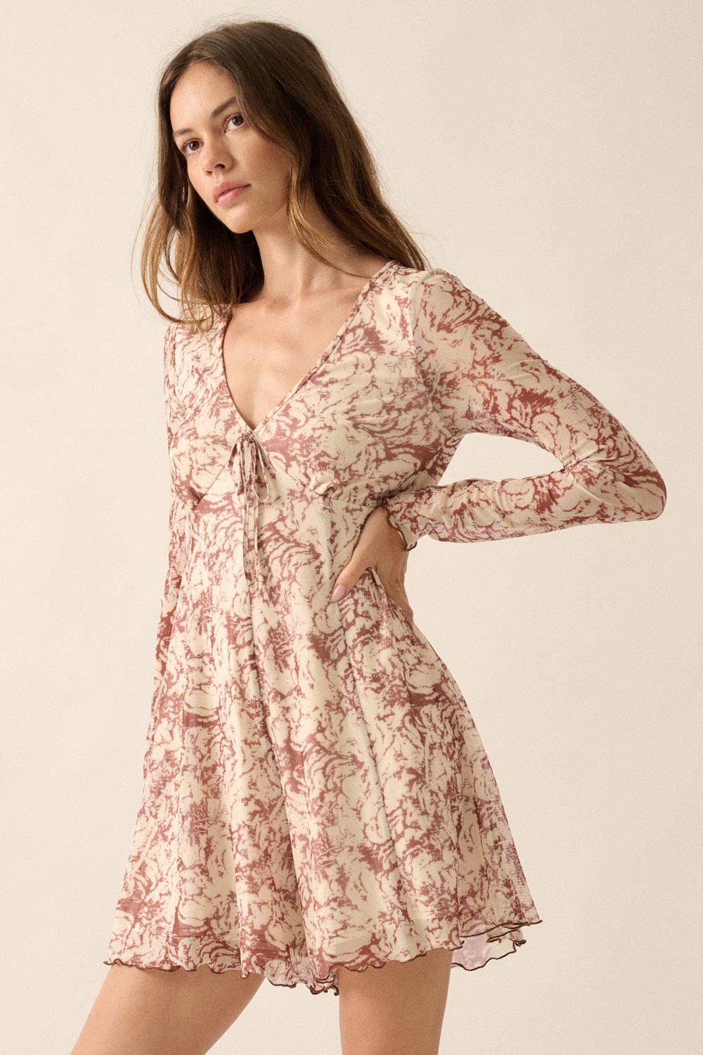 Floral Mesh High-Waist Wide-Leg Long-Sleeve Romper