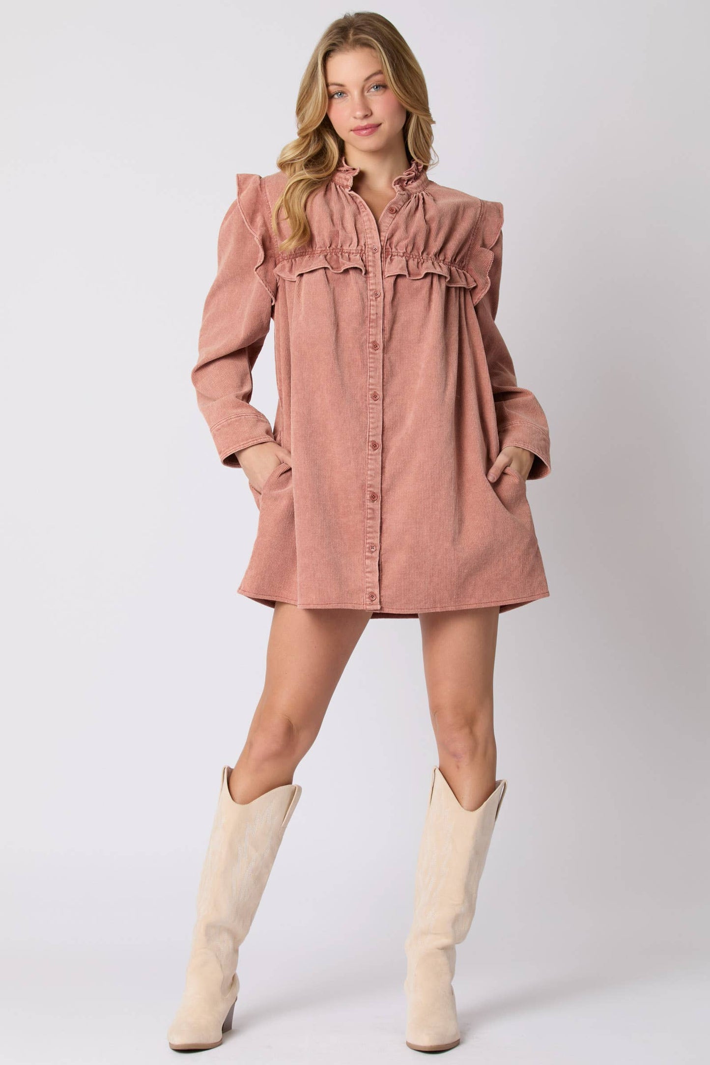 Mineral Washed Corduroy Ruffle Detail Dress