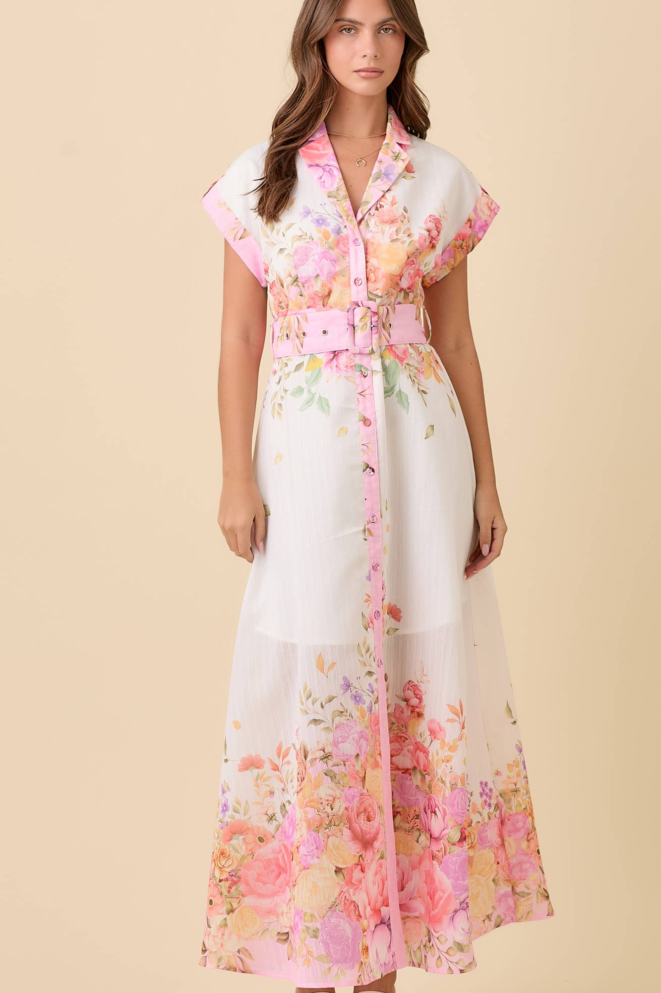 Floral Print Lapel Collar Button Down Maxi Dress