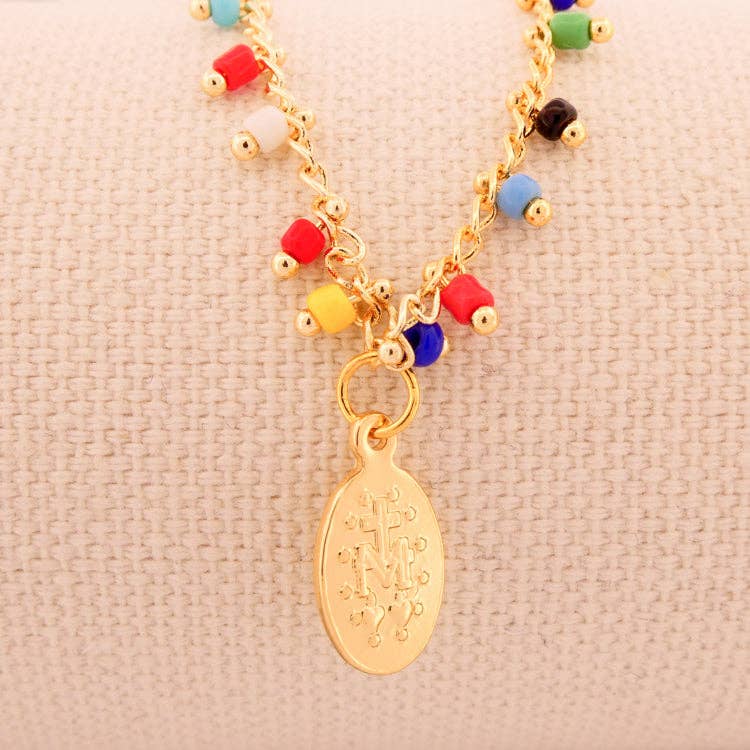 Gold-Plated Miraculous Medal Multicolor Beaded Necklace 18-inch