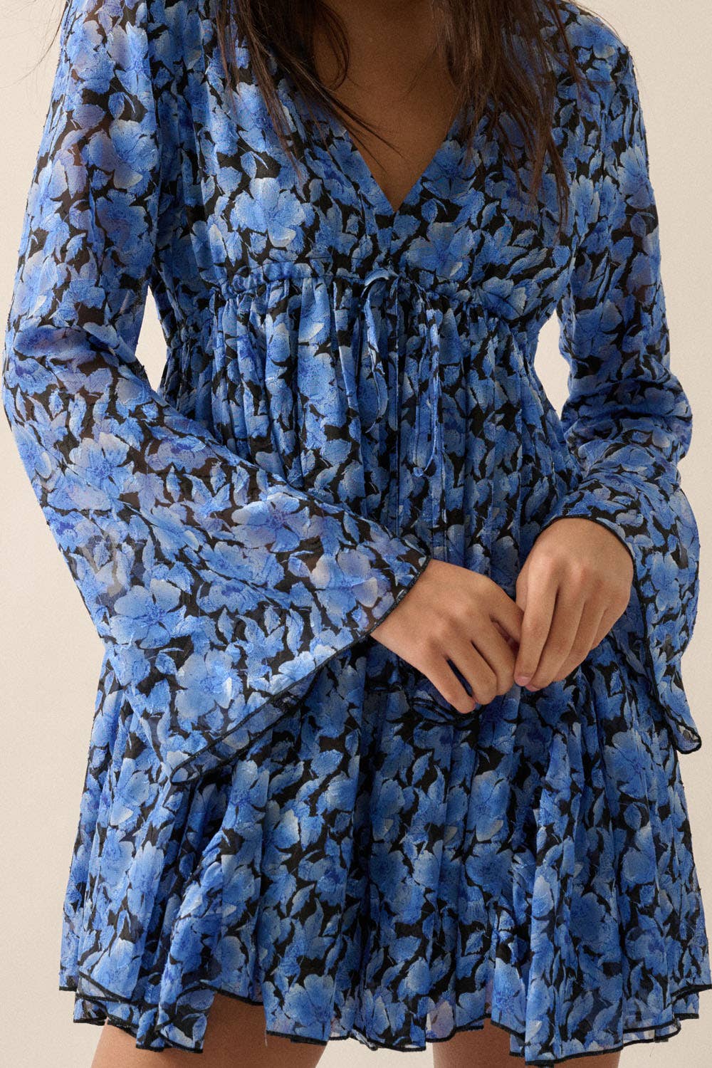 Floral Chiffon Bell-Sleeve V-Neck Blue Skort Romper