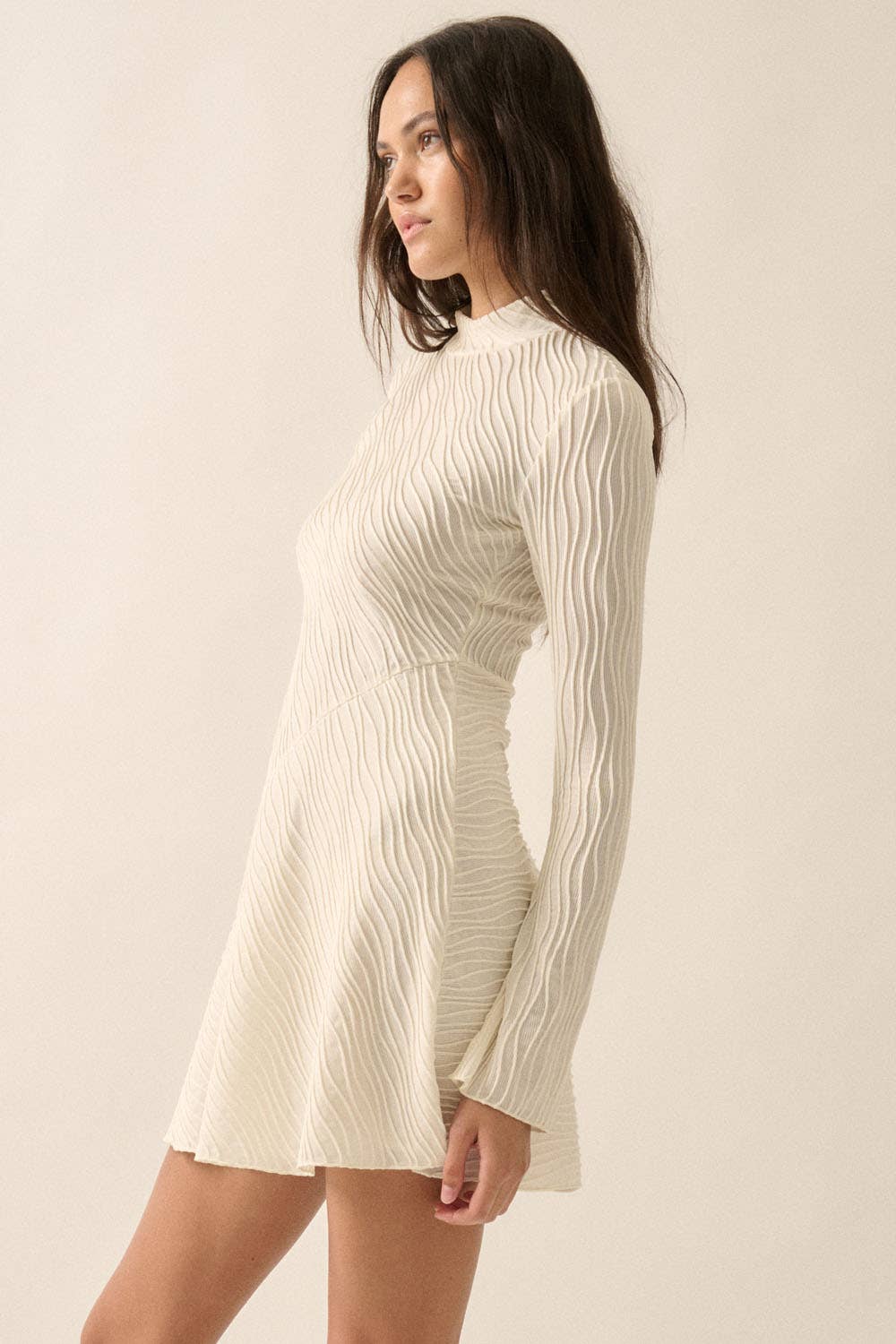 Wavy-Texture Ribbed White Knit Mock-Neck Mini Dress