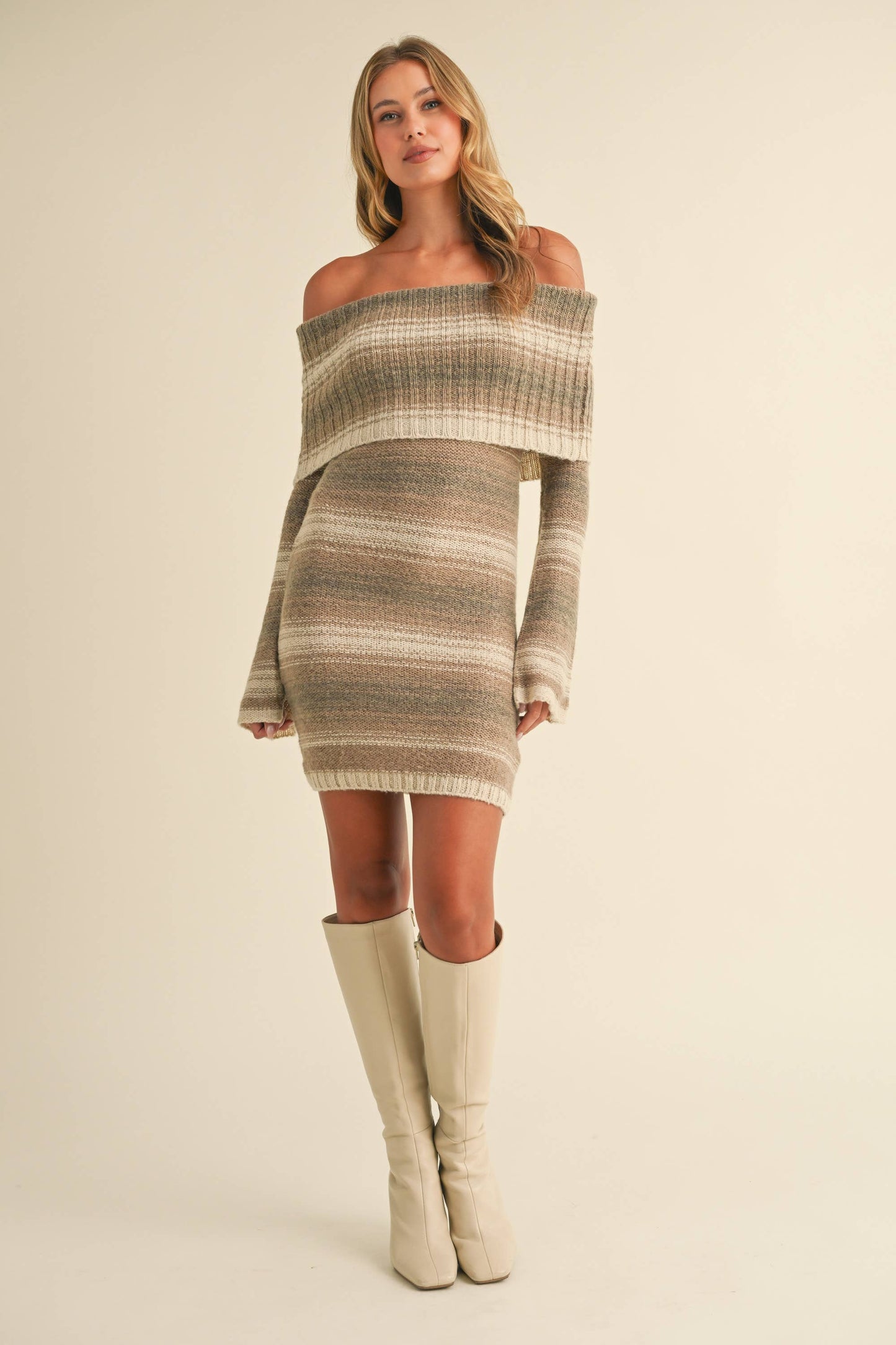 ID8202 GRADIENT OFF SHOULDER SWEATER MINI DRESS