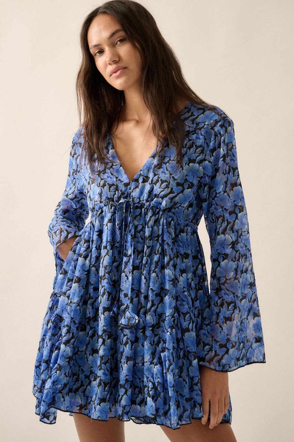 Floral Chiffon Bell-Sleeve V-Neck Blue Skort Romper