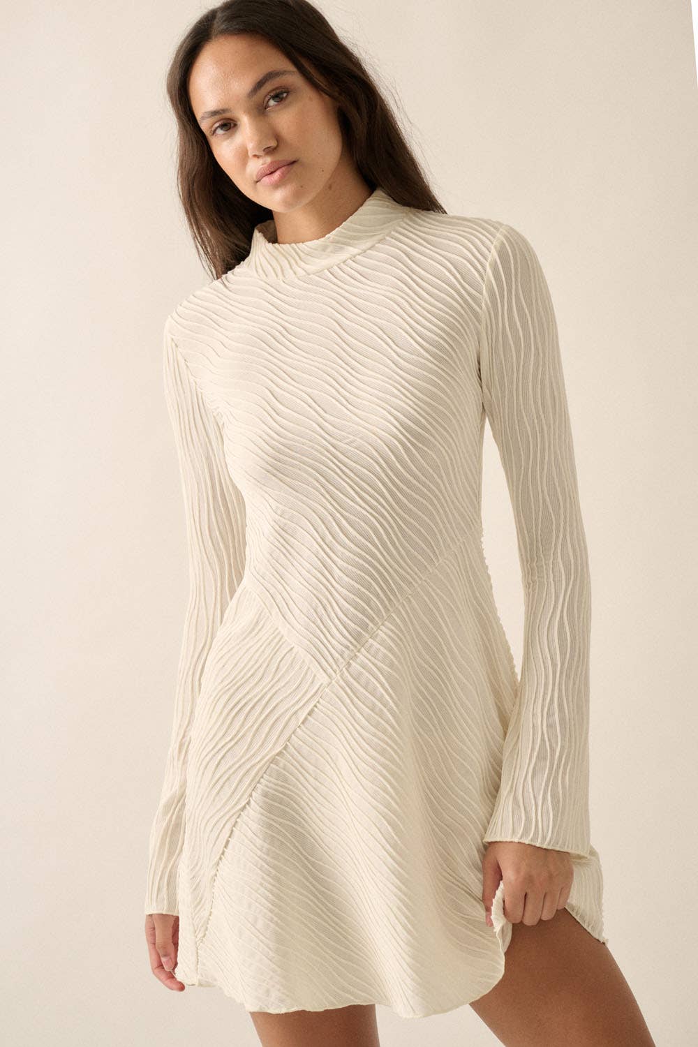 Wavy-Texture Ribbed White Knit Mock-Neck Mini Dress