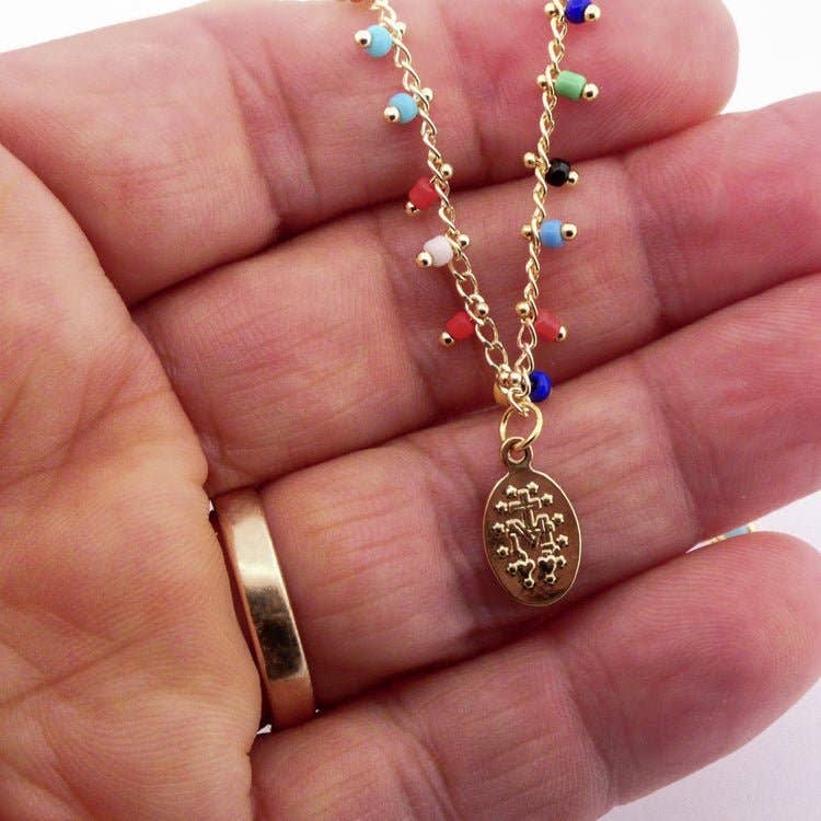 Gold-Plated Miraculous Medal Multicolor Beaded Necklace 18-inch