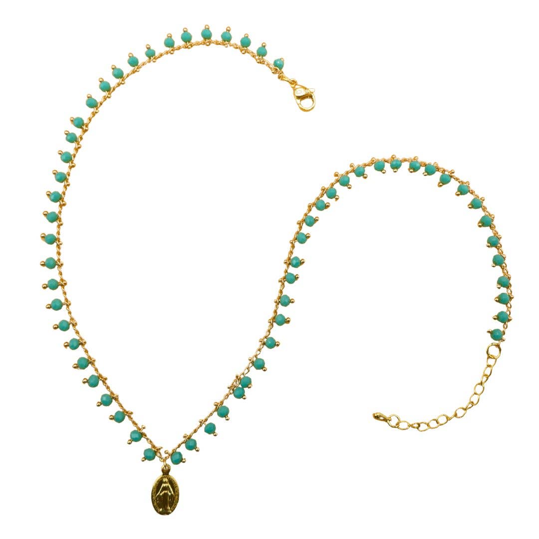Gold-Plated Miraculous Medal Turquoise Beaded Necklace 18-inch