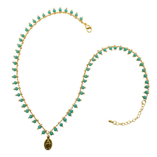 Gold-Plated Miraculous Medal Turquoise Beaded Necklace 18-inch