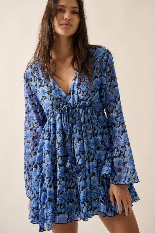 Floral Chiffon Bell-Sleeve V-Neck Blue Skort Romper