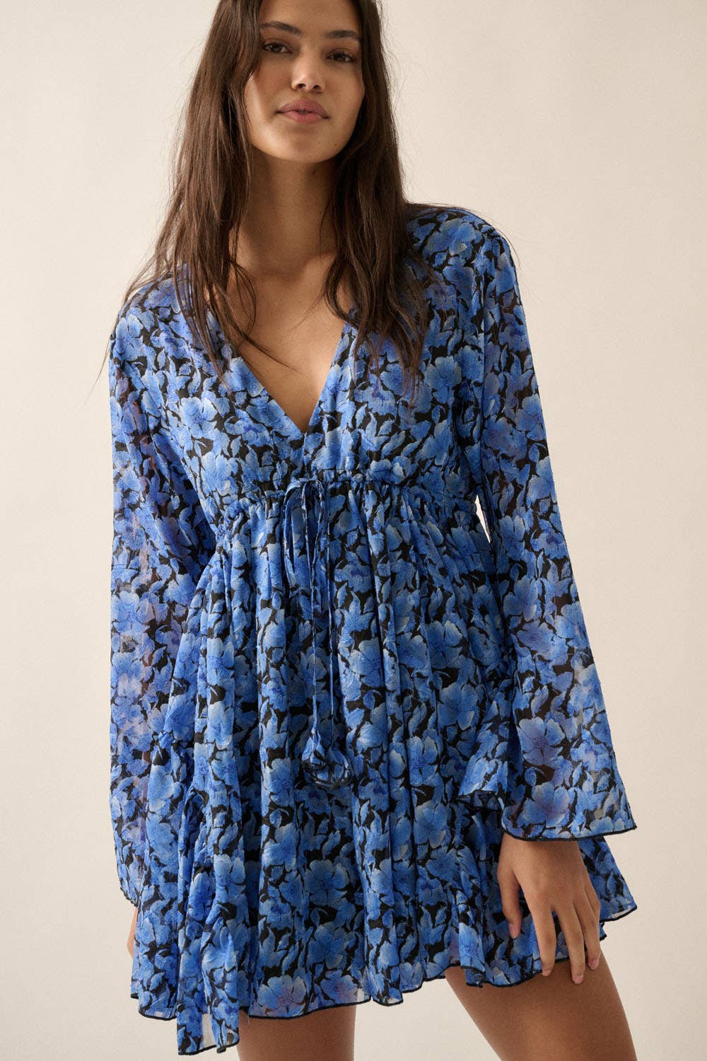 Floral Chiffon Bell-Sleeve V-Neck Blue Skort Romper