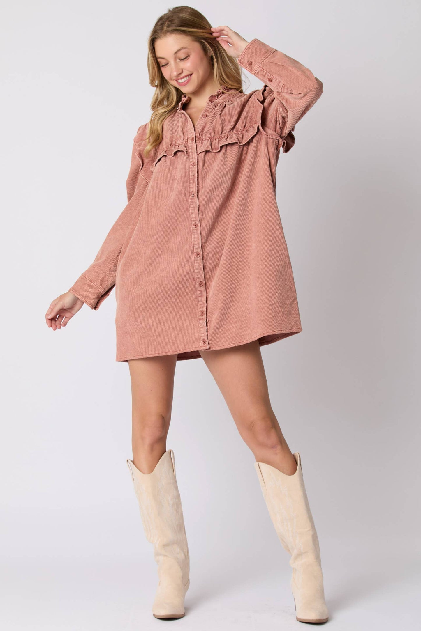 Mineral Washed Corduroy Ruffle Detail Dress