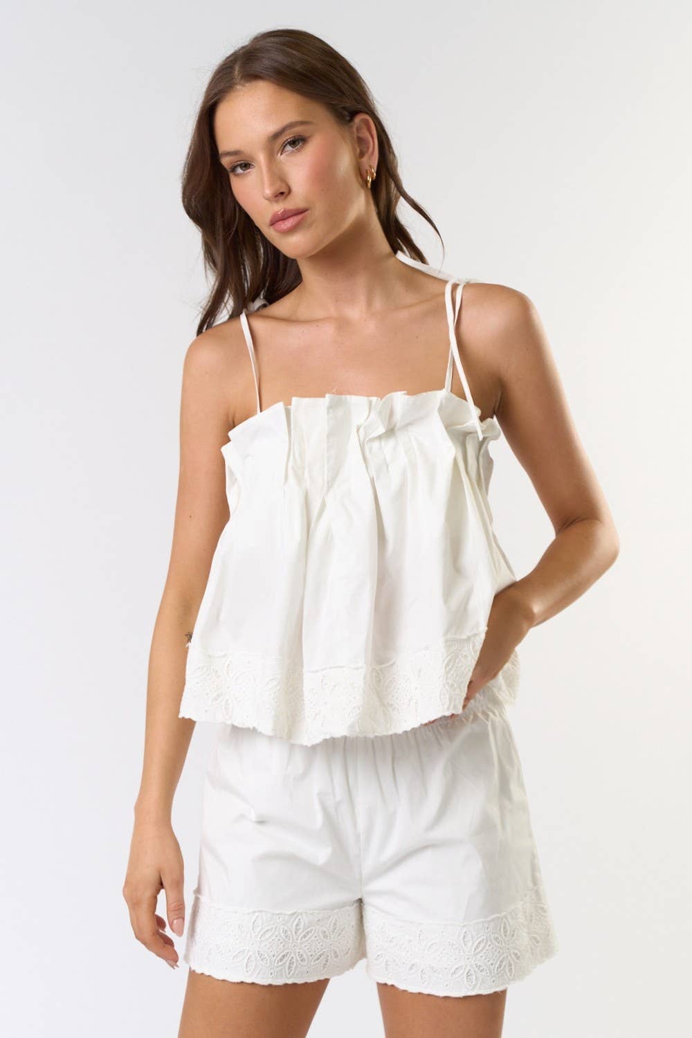 ILS5279 Embroidered Pintuck Pleated Top & Shorts Set