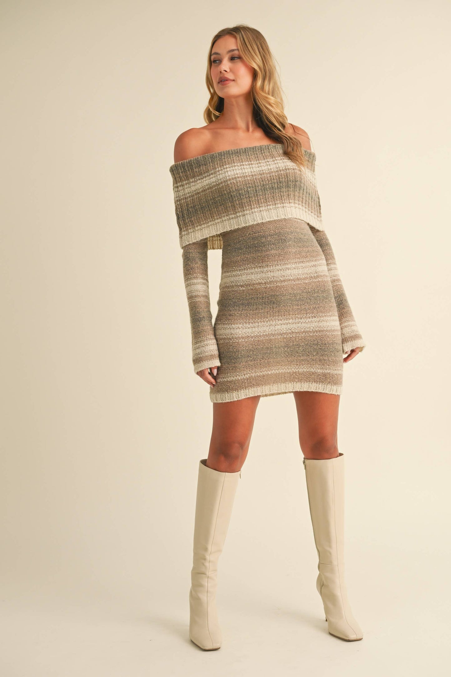 ID8202 GRADIENT OFF SHOULDER SWEATER MINI DRESS
