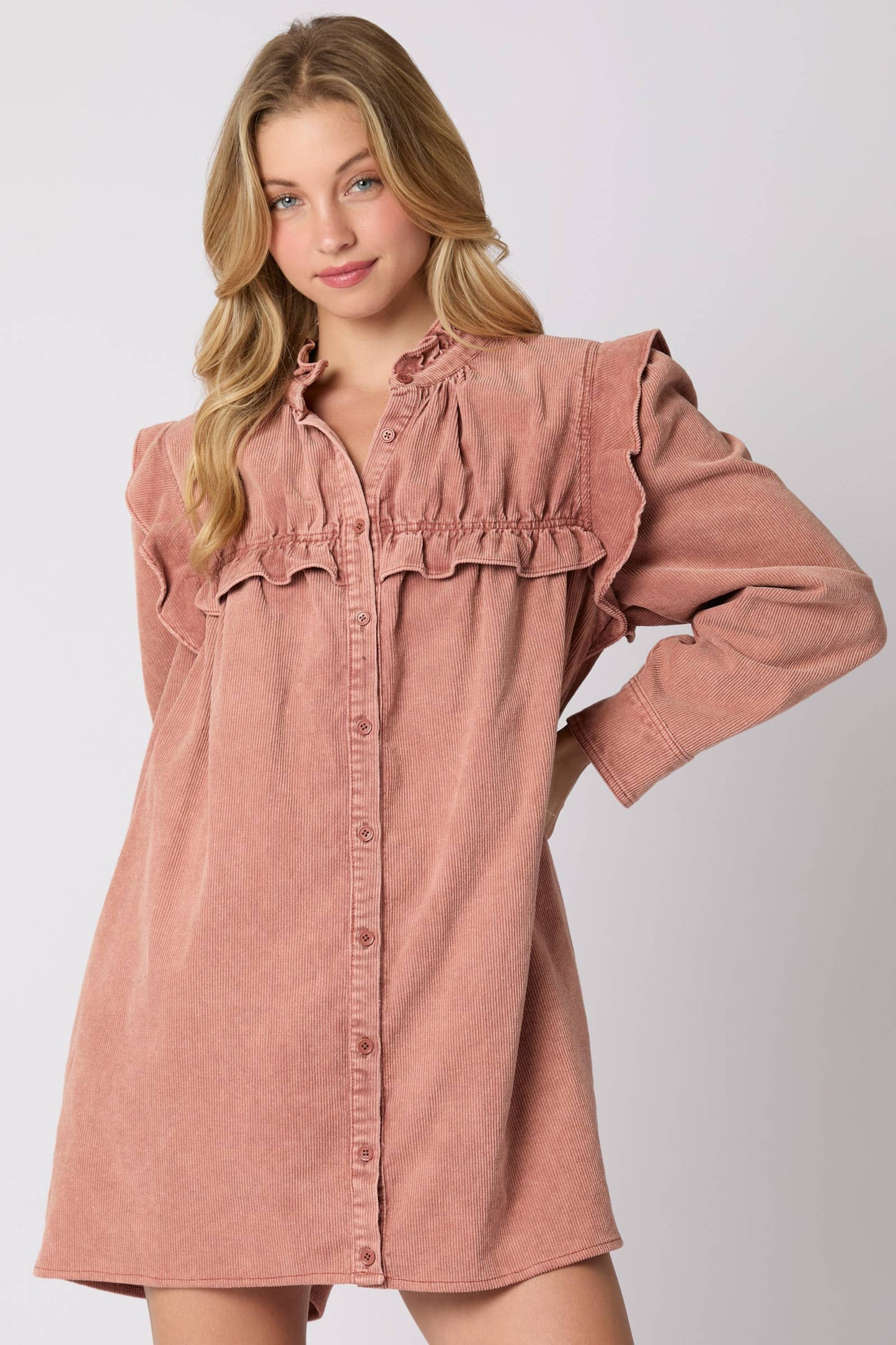 Mineral Washed Corduroy Ruffle Detail Dress