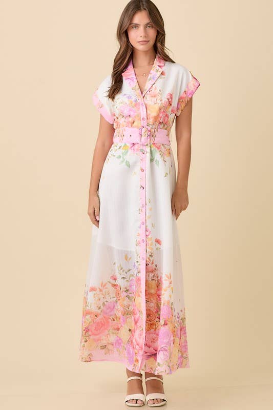 Floral Print Lapel Collar Button Down Maxi Dress