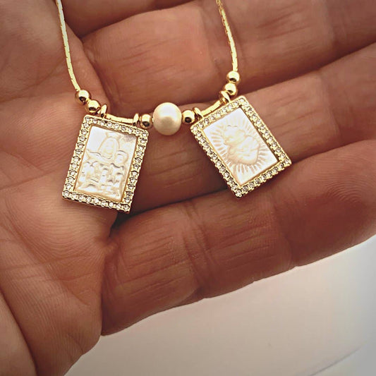 Mother of Pearl Scapular Necklace with White Zirconia, Beads, and Pearl 18-inch