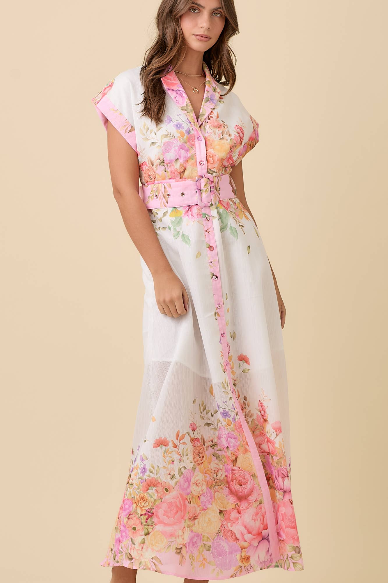 Floral Print Lapel Collar Button Down Maxi Dress