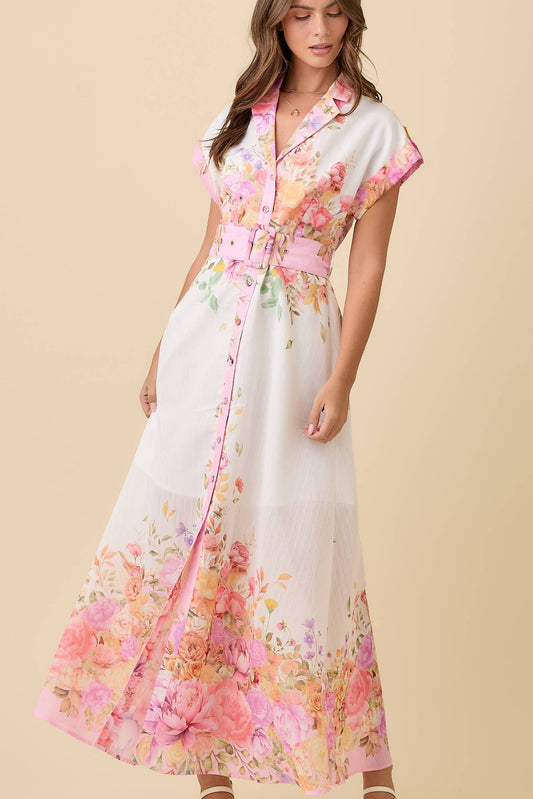 Floral Print Lapel Collar Button Down Maxi Dress