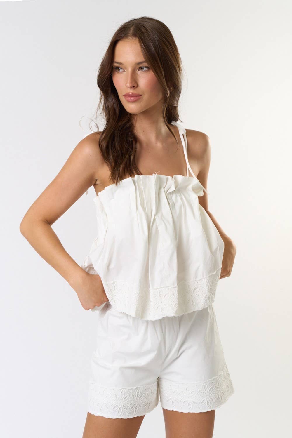 ILS5279 Embroidered Pintuck Pleated Top & Shorts Set