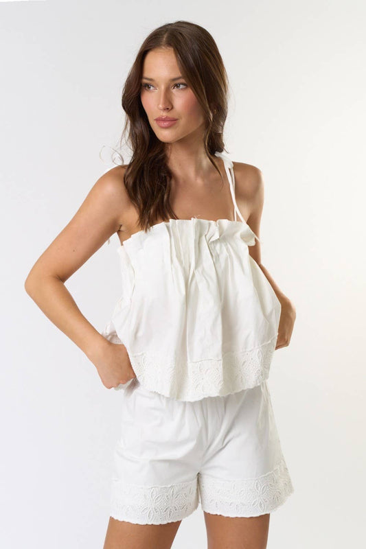 ILS5279 Embroidered Pintuck Pleated Top & Shorts Set