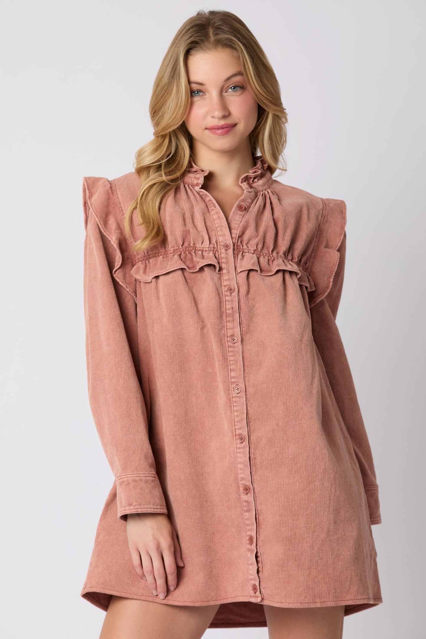 Mineral Washed Corduroy Ruffle Detail Dress