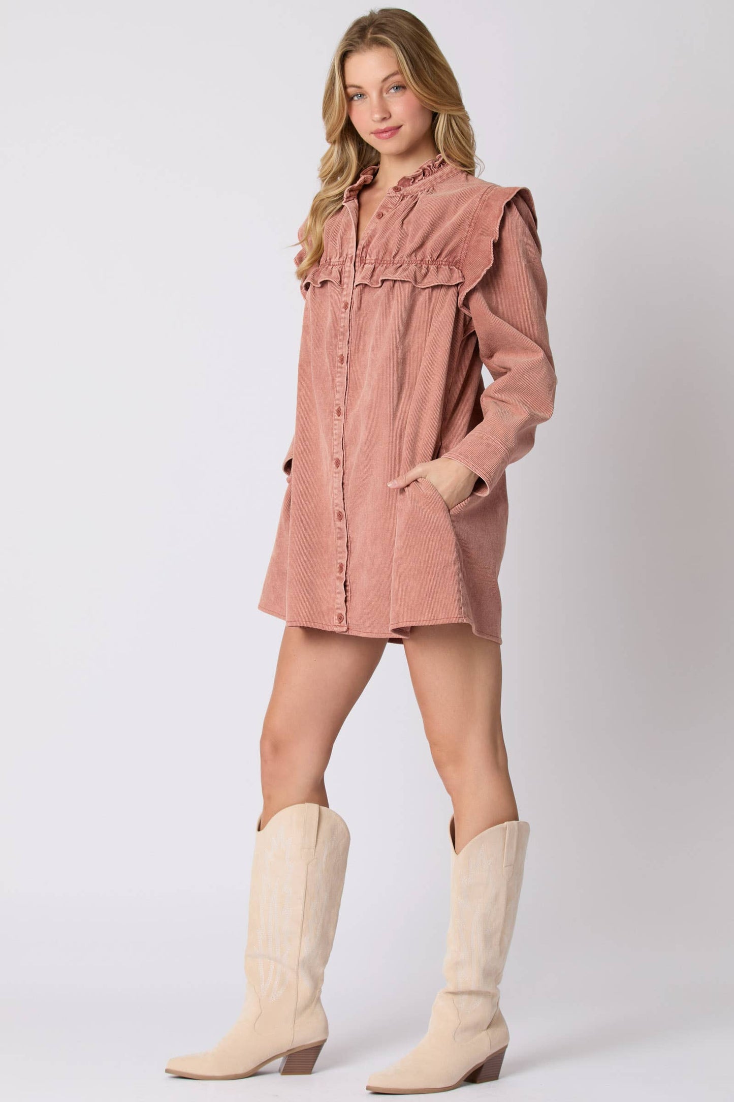 Mineral Washed Corduroy Ruffle Detail Dress