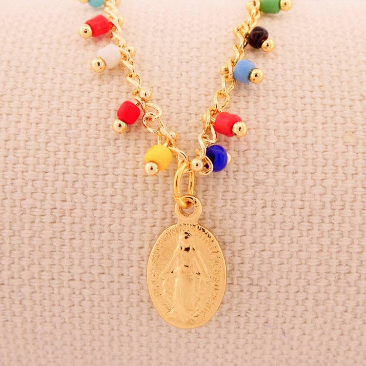 Gold-Plated Miraculous Medal Multicolor Beaded Necklace 18-inch