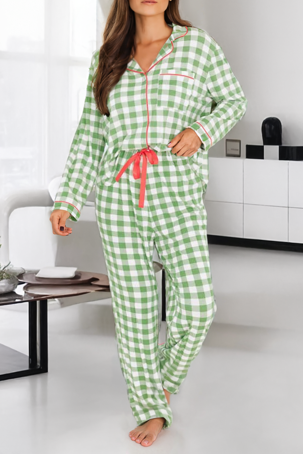 LDC Christmas Plaid Print Shirt and Pants Pajama Set